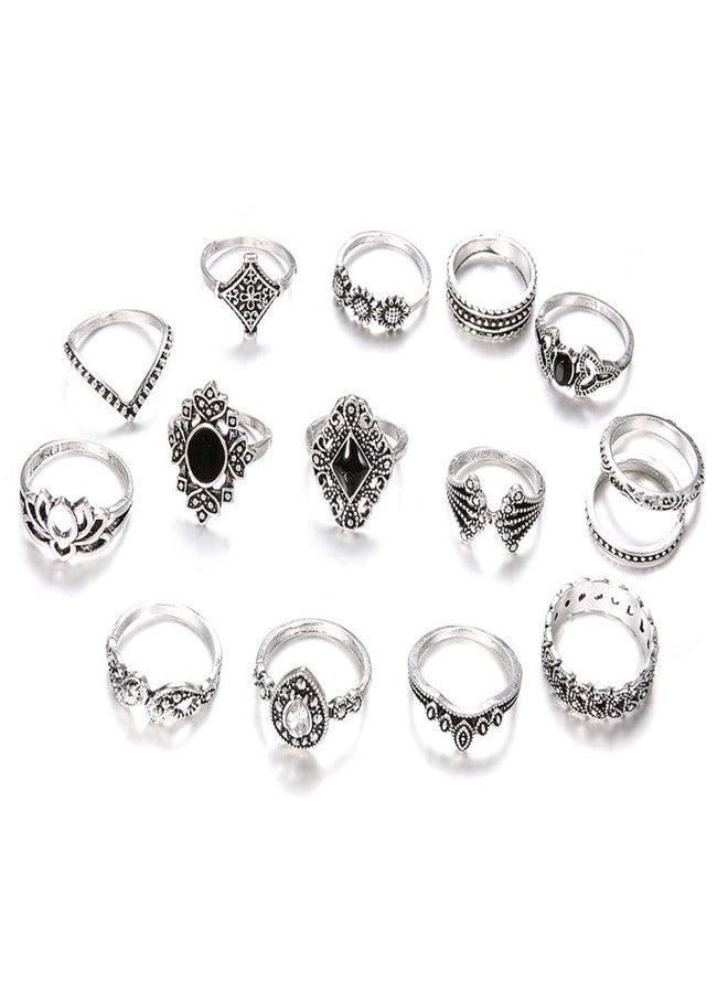 JAGTRADE Ring 15Pcs Vintage Silver Joint Knot Rings Set Women Bohemian Stackable Joint Finger Rings Retro Stone Crystal Stacking Rings - Image 1